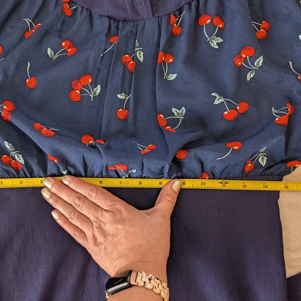 NWT Unique Vintage Navy Cherry Print Bishop Sleeve Wiggle Pencil Dress L(10/12) - Picture 8 of 13